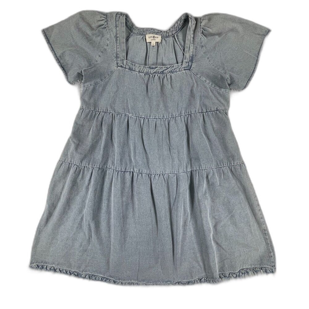 Umgee Denim Tiered Babydoll Mini Dress Blue Frayed Hem Boho Flutter Sleeve L
